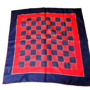 Vintage 70s Echo 100% Silk Square Scarf Red White Nacy Blue Checkerboard Dots
